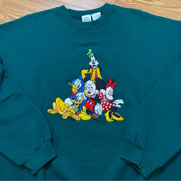 Vintage Disney Green Sweatshirt Size XL Embroidered Mickey Goofy Minnie Pluto - Picture 3 of 7